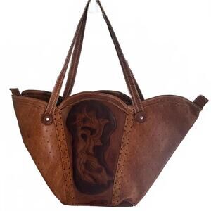 Handcrafted , Hand Tooled Broen Leather Tote Bag with Floral Design